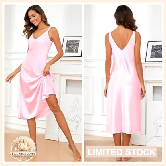 Long Satin Nightgown V Neck Sleeveless Chemise Sleepwear Loose Fit